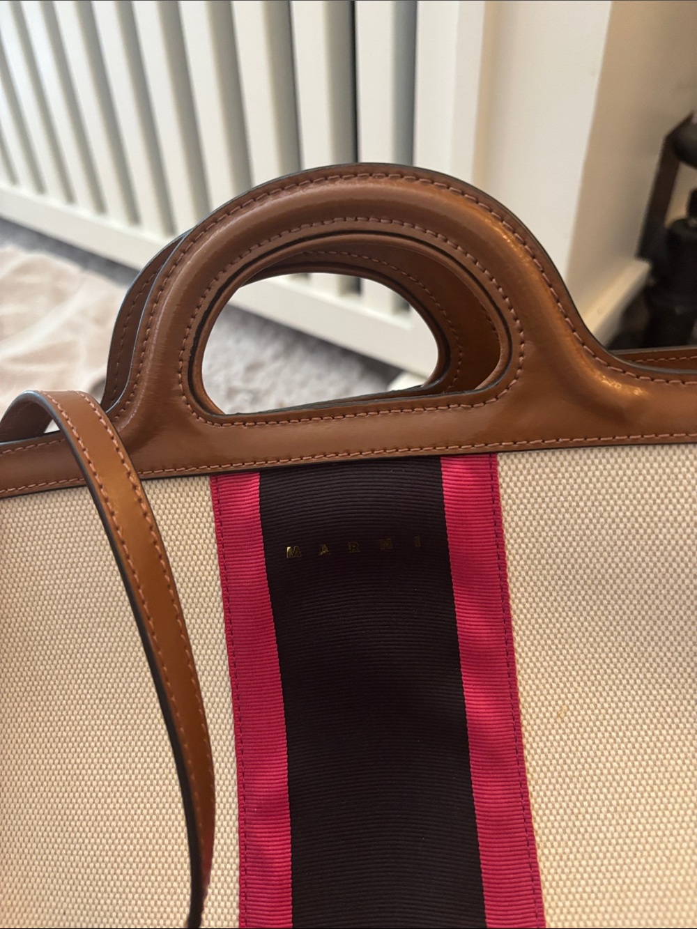 Marni Cream Canvas Tote with Brown Leather Trim and Pink-Black Center Stripe - Picture 6 of 6